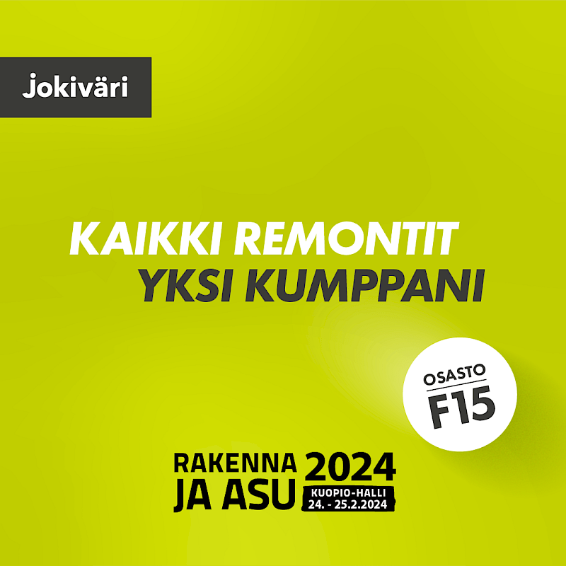Kaikki remontit, yksi kumppani, Jokiväri. Rakenna ja asu 2024 -messut Kuopio, Jokivärin osasto F 15.